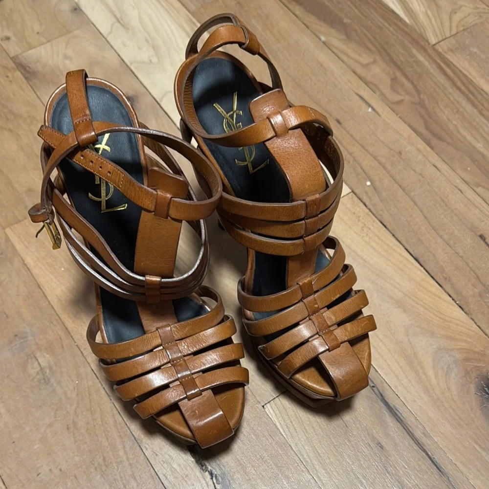 Saint Laurent Tan Strappy Platform Sandals